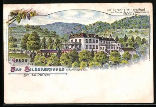 Lithographie Bahlingen a. K., Mineralbad Silberbrunnen, Inh. Ed. Dufner