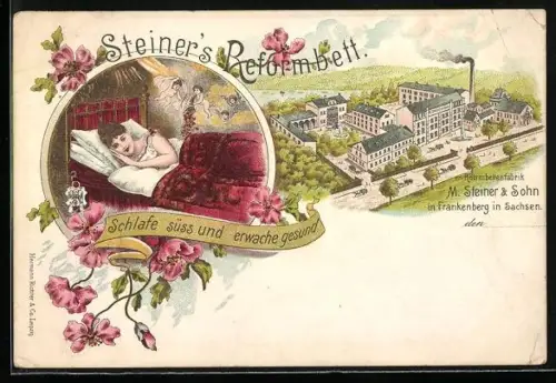 Lithographie Frankenberg in Sachsen, Reformbetten-Fabrik M. Steiner & Sohn