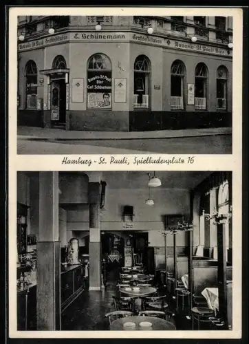 AK Hamburg-St. Pauli, Gasthof u. Grossdestillation Schünemann am Spielbudenplatz 16