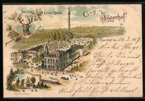 Lithographie Ronsdorf, Gasthaus zum Jägerhof, Bes. Ernst Kölsch, Strassenpartie mit Zug