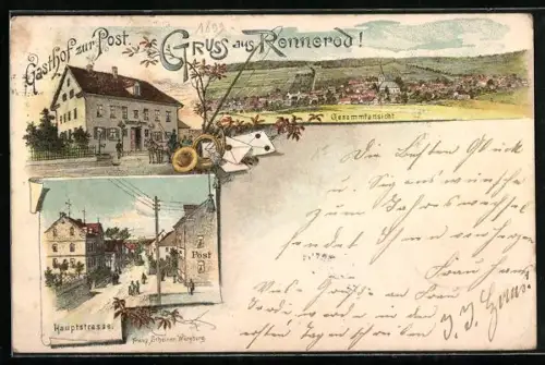 Lithographie Rennerod, Gasthof zur Post, Post in der Hauptstrasse