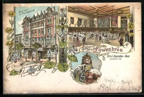Lithographie Hagen i. W., Hotel Deutsches Haus mit Gasthof Löwenbräu