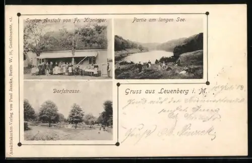 AK Leuenberg i. M., Gasthof von Fr. Kloninger, Dorfstrasse, Partie am langen See