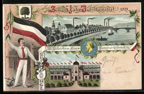 Lithographie Offenbach a. M., 25. jähr. Jubiläumsfest 1901, XXV. Mittelrhein-Kreis-Turnfest, Festhalle