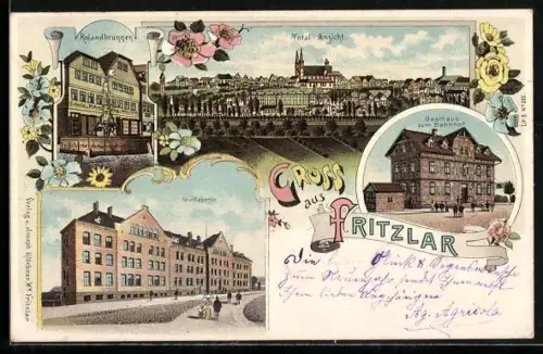 Lithographie Fritzlar, Gasthaus am Bahnhof, Rolandbrunnen, Neue Kaserne