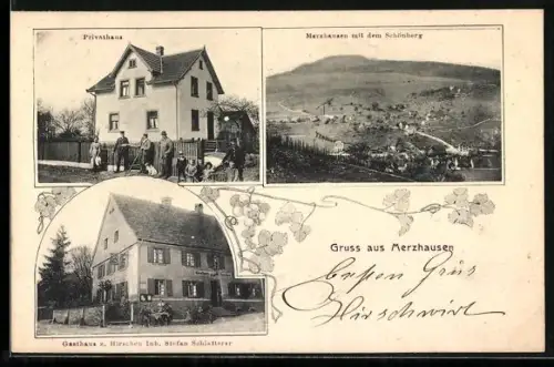 AK Merzhausen / Breisgau, Gasthof z. Hirschen, Privathaus, Ortsansicht mit dem Schönberg