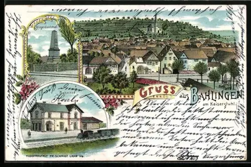 Lithographie Bahlingen am Kaiserstuhl, Bahnhof, Kriegerdenkmal, Blick über den Ort