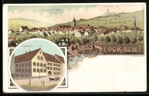 Lithographie Stockach, Gasthof z. Löwen, Nollenburg, Ansicht vom Küchleberg