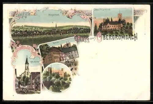 Lithographie Obergrombach, Rathaus, Kath. Kirche, Ruine, Schloss