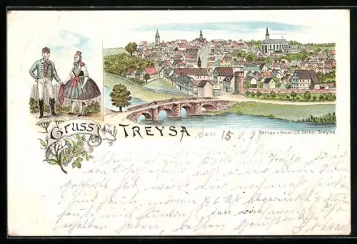 Lithographie Treysa, Ortsansicht mit Brücke, Paar in Trachten