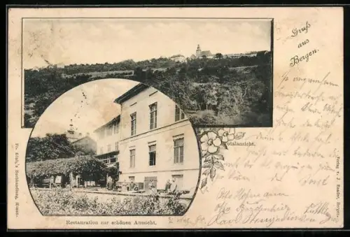 AK Frankfurt-Bergen-Enkheim, Restauration zur schönen Aussicht, Teilansicht