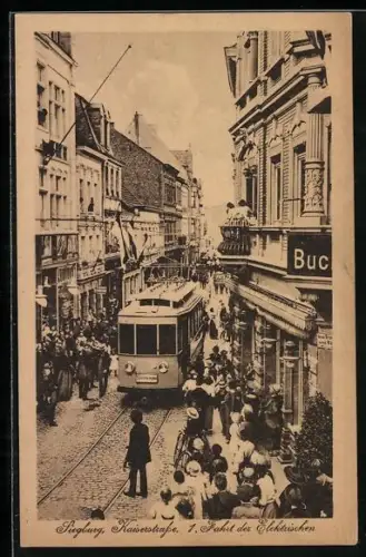 AK Siegburg, Belebte Kaiserstrasse mit Strassenbahn
