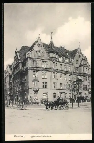 AK Hamburg-Eppendorf, Gebäudeansicht in der Eppendorferlandstrasse, Pferdekutsche