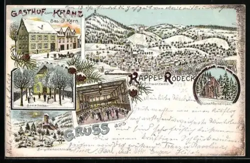 Winter-Lithographie Kappel Rodeck /Schwarzwald, Gasthof zum Kranz, Bes. J. Kern, Brigittenschloss