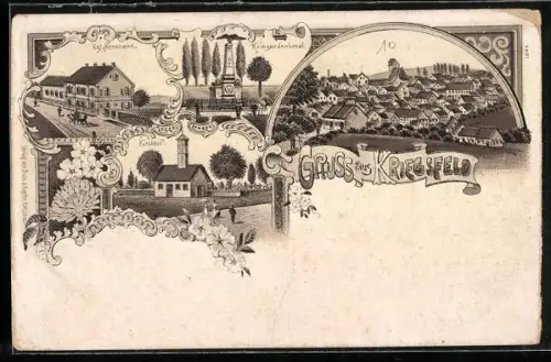 Lithographie Kriegsfeld, Kgl. Forstamt, Kriegerdenkmal, Kirchhof
