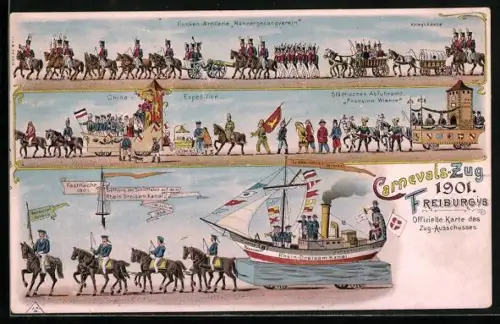 AK Freiburg i. B., Carnevals-Zug 1901, Funken-Artillerie Männergesangverein, Städtisches Abfuhramt, China-Expedition