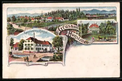Lithographie Hugstetten, Gasthaus z. Engel, Blick auf den Ort