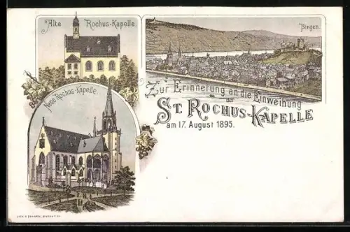 Lithographie Bingen / Rhein, Einweihung St. Rochus Kapelle 1895, Alte und Neue Rochus-Kapelle