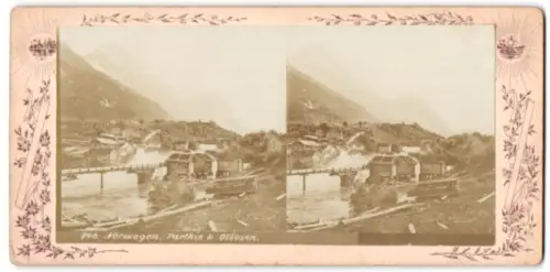 Stereo-Fotografie unbekannter Fotograf, Ansicht Oldosen, Holzhäuser am Ufer