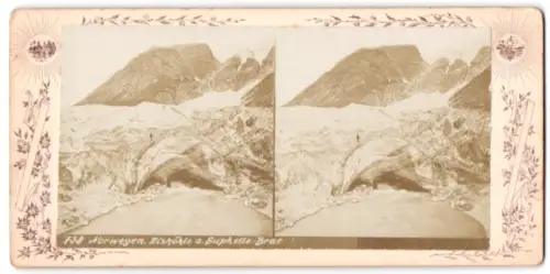 Stereo-Fotografie AK unbekannter Fotograf, Ansicht Suphelle-Brae, Eingang einer Eishöhle mit Besucher