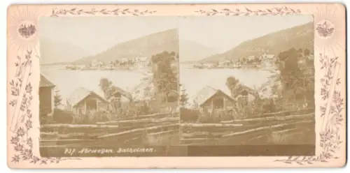 Stereo-Fotografie unbekannter Fotograf, Ansicht Balholmen, Holzhütten am Ufer