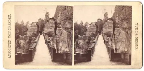 Stereo-Fotografie unbekannter Fotograf, Ansicht Dresden, Basteibrücke mit Besucher