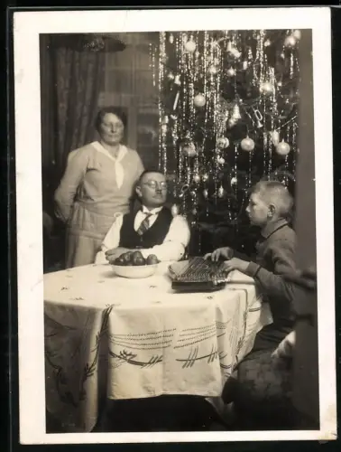Fotografie Weihnachten, junge spiel die Zither unterm Weihnachtsbaum