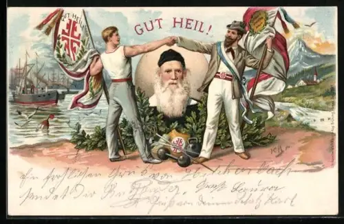 Lithographie Turner beim Handschlag, Turnvater Jahn-Portrait