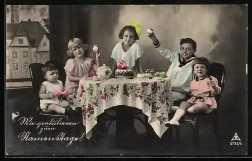 Foto-AK Photochemie Berlin Nr. 5733/6: Kinder sitzen mit Teetassen an einem Tisch