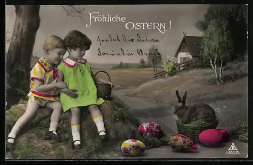 Foto-AK Photochemie Berlin Nr. 6553/5: Zwei Kinder beobachten einen Osterhasen