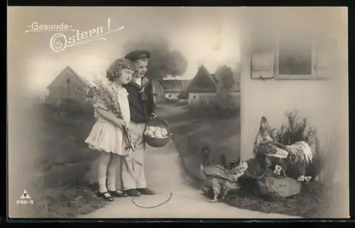 Foto-AK Photochemie Berlin Nr. 645-5: Zwei Kinder mit einem Korb voller Ostereier und Weidenkätzchen