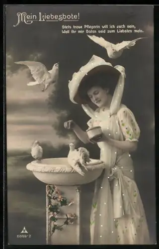 Foto-AK Photochemie Berlin Nr. 6889-2: Elegante Dame steht an einer Vogeltränke mit Tauben