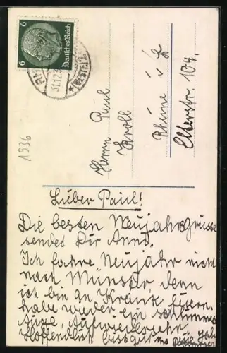 Foto-AK Photochemie Berlin NR 6482 /1: Paar mit Blumen und Hufeisen, Neujahr