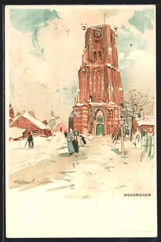 Künstler-AK Henri Cassiers: Woudrichem, Kirche im Winter