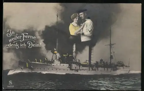 AK Kleiner Kreuzer in Fahrt, Obermatrose mit seiner Frau