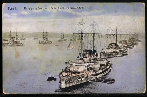 AK Kiel, Kriegshafen mit dem I. u. II. Geschwader der Linienschiffe