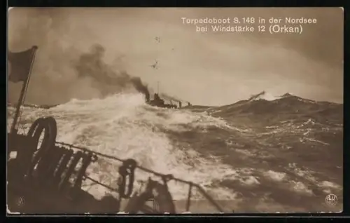 AK Kriegsschiffe, Torpedoboot S-148 bei Windstärke 12 in der Nordsee