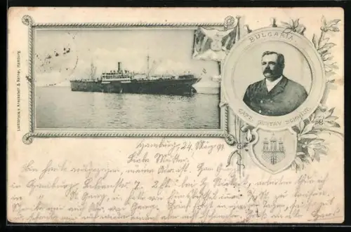 AK Passagierschiff Bulgaria in Fahrt, Portrait Kapitän Gustav Schmidt