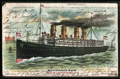 Lithographie Passagierschiff Deutschland in Fahrt