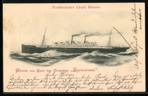 AK Passagierschiff Barbarossa des Norddeutschen Lloyd Bremen auf hoher See