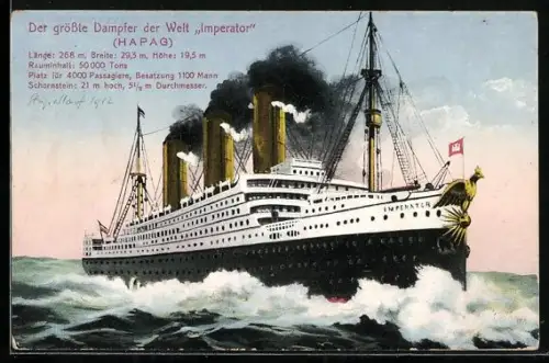 AK Passagierschiff Imperator, der grösste Dampfer der Welt durchbricht die Wellen