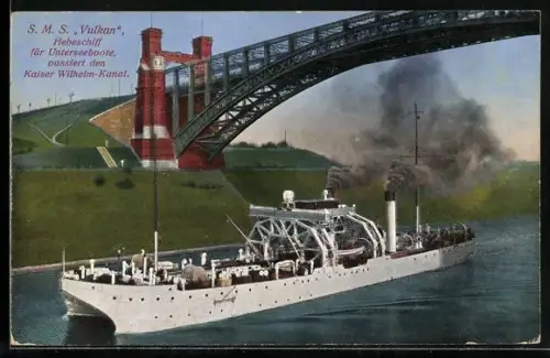 AK Hebeschiff für U-Boote SMS Vulkan passiert den Kaiser Wilhelm Kanal