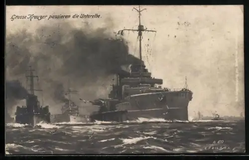 Künstler-AK Grosse Kreuzer passieren die Unterelbe