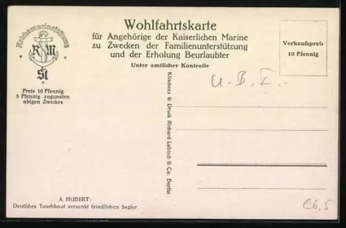 Künstler-AK Deutsches U-Boot versenkt feindliches Dreimast-Vollschiff