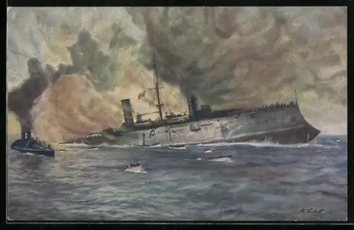 Künstler-AK Untergang des italienischen Panzerkreuzer Giuseppe Garibaldi