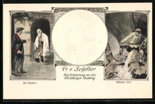 Präge-AK 100 järhriger Todestag Fr. v. Schiller, Szene aus Die Räuber, Szene aus Wilhelm Tell