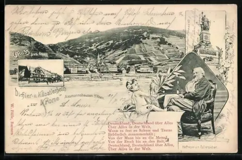 AK Assmannshausen, Ortsansicht, Dichter- und Künstlerheim zur Krone, Denkmal