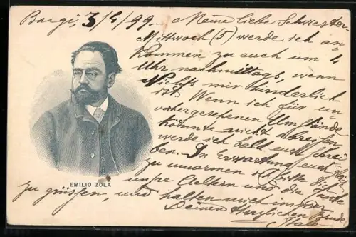 Lithographie Emilio Zola im Porträt mit Brille