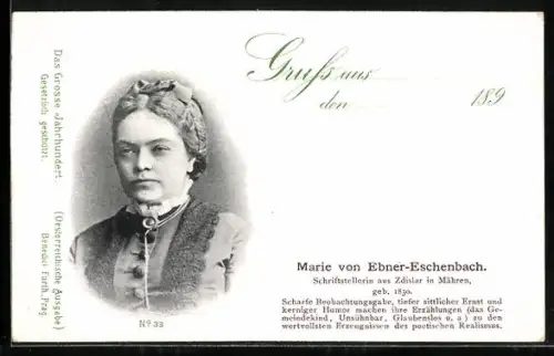 AK Schriftstellerin Marie von Ebner-Eschenbach im Porträt