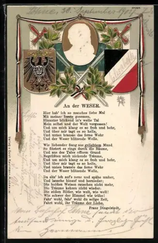 AK Dichter Franz Dingelstedt, Portrait auf Medaille, Text An der Weser, Wappen und gekreuzte Schwerter